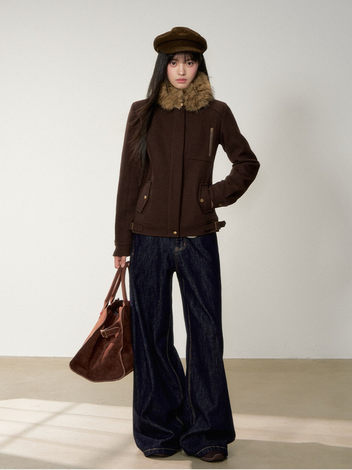 Soote Season - "Deep Roast" Twill Wool Fur-Collar Cinched Jacket