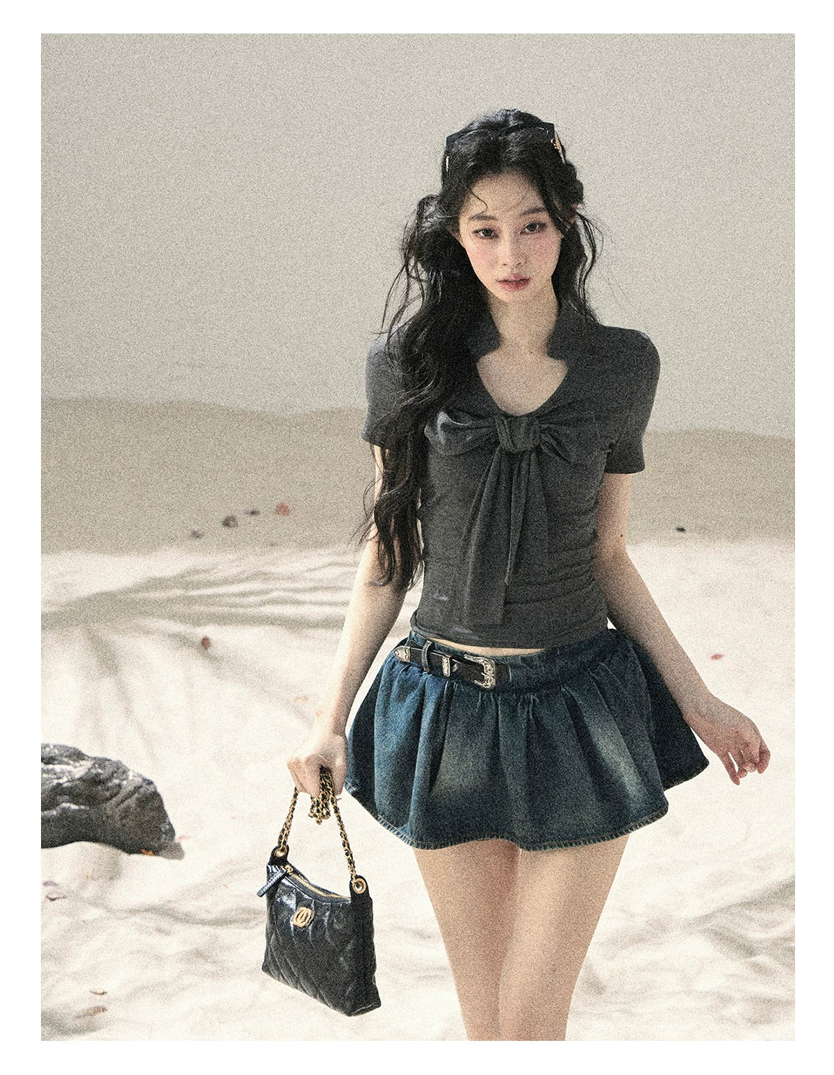 "Shimmer Across the Sea" Denim Bubble Skort (Rock Black/ Vintage Blue)