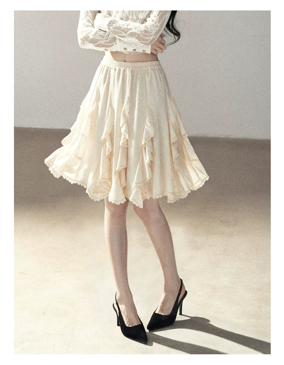 AOMALM - Cloud-Shaped French Lace Ruffle Midi Skirt – Elegant Autumn Maxi