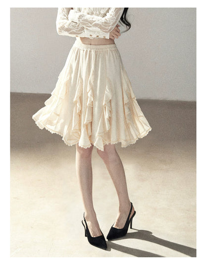 AOMALM - Cloud-Shaped French Lace Ruffle Midi Skirt – Elegant Autumn Maxi