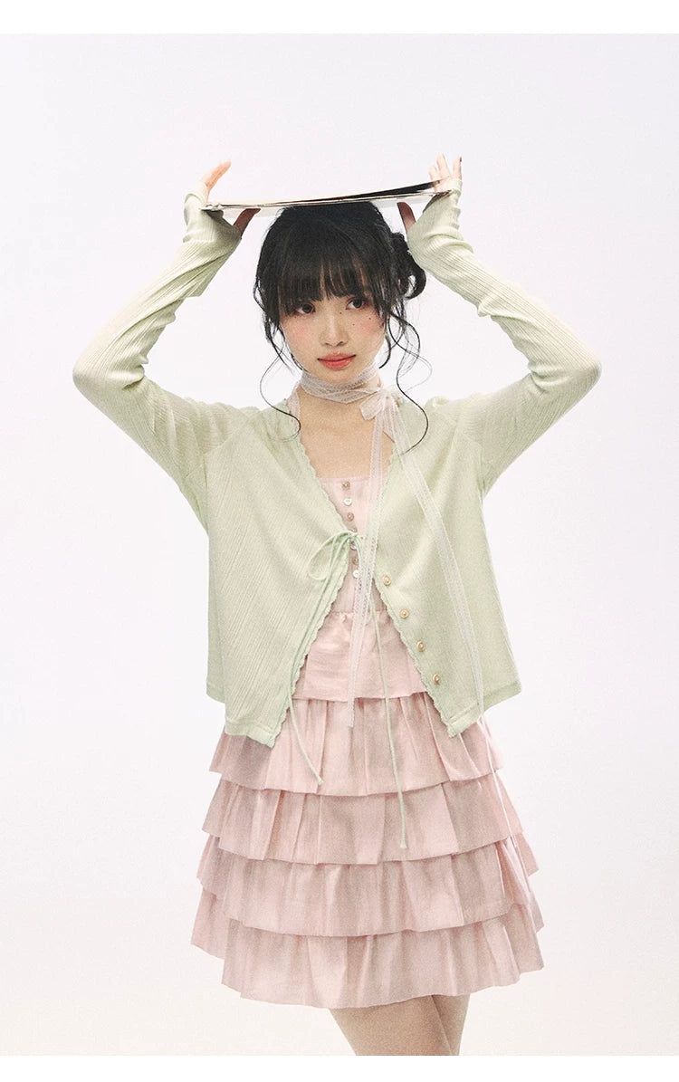 "Misty Pink Reverie" Petal Pink Lace Tie Tiered Sleeveless Dress