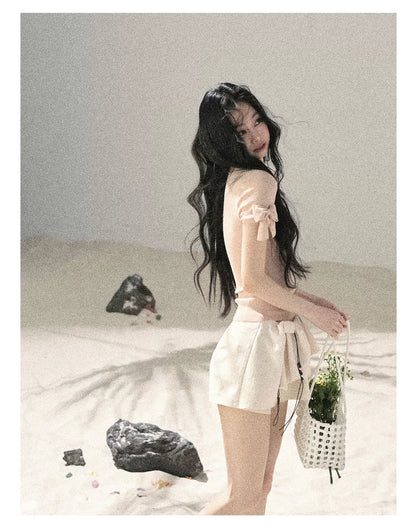 "Gentle Ocean Tide" Baby Pink Cutout Knit Crop Top 75511