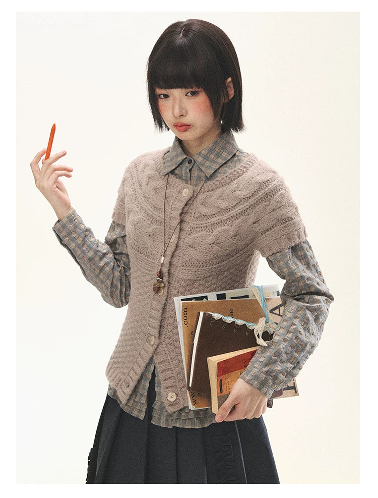 "Rice Knit" Wool-Blend Short Sleeve Knit Cardigan (Moss Coffee Green/ Dusk Dusty Pink)