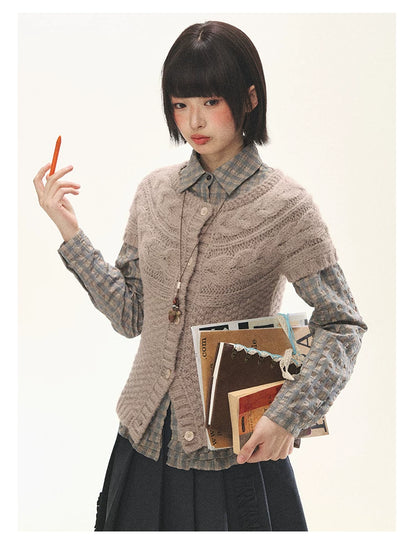 "Rice Knit" Wool-Blend Short Sleeve Knit Cardigan (Moss Coffee Green/ Dusk Dusty Pink)