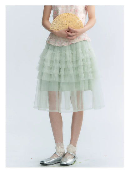 "Lime Mille-Feuille Glow" Peach Mist Chinese-Inspired Short Sleeve Top & Lime Green Tulle Tiered Skirt Set