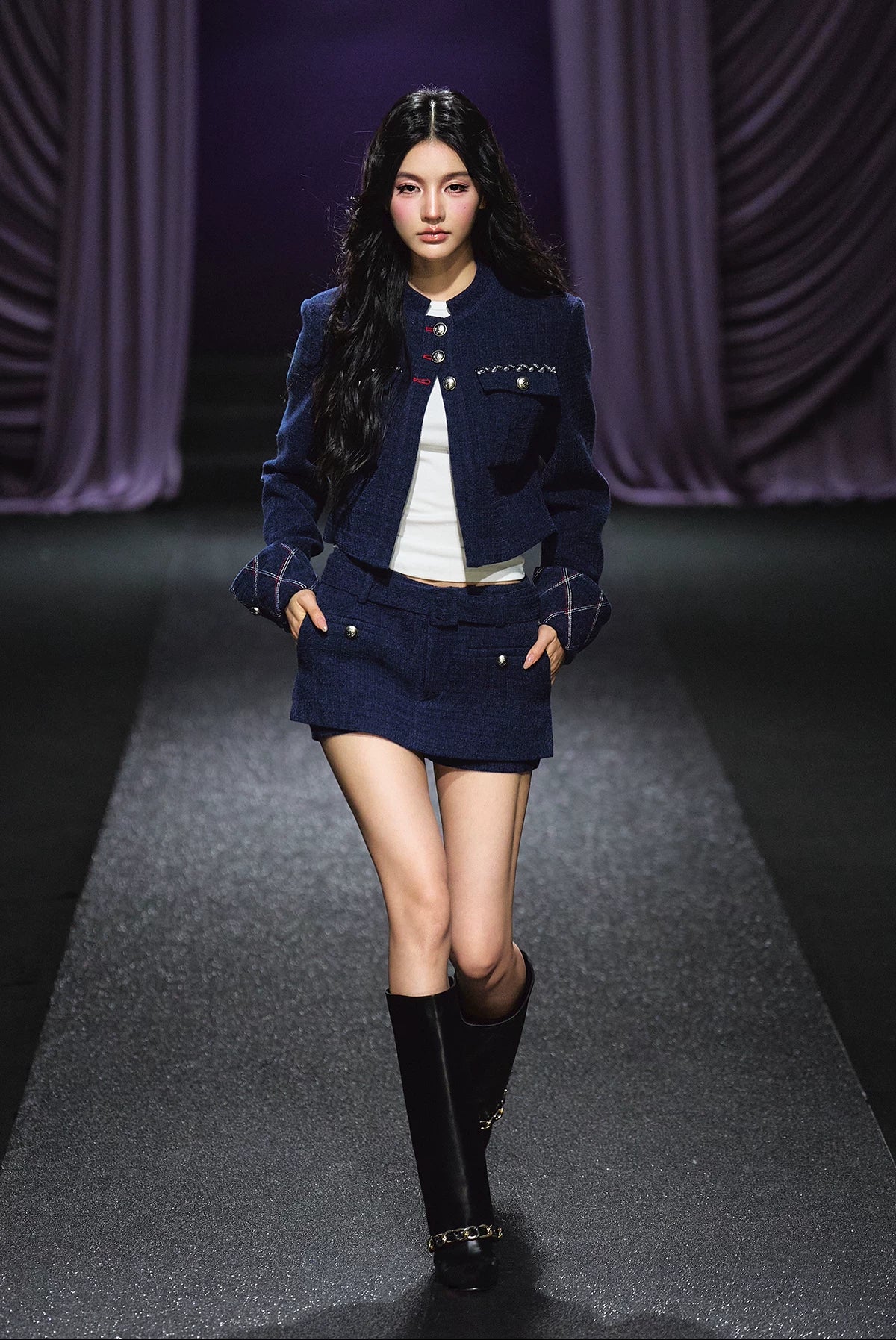 "Midnight Atelier" Navy Wool Quilted Jacket & A-Line Skort Set