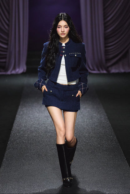 "Midnight Atelier" Navy Wool Quilted Jacket & A-Line Skort Set