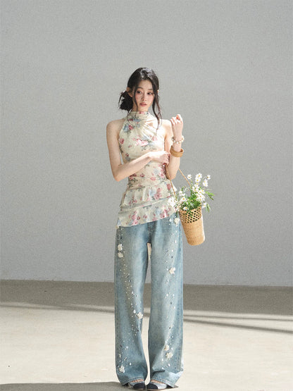"Flowers & Sunlight" Dutch Cream Off-Shoulder Mesh Top