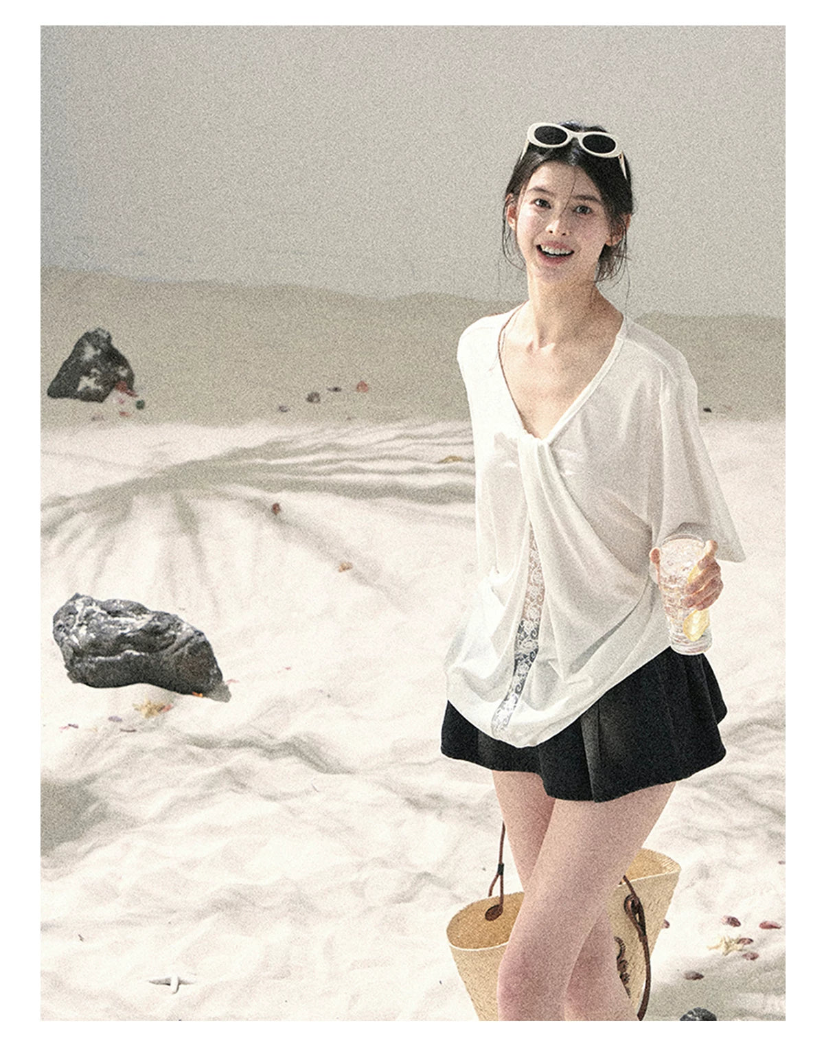 "Undisturbed Mist" Cloud White Lace Cutout V-Neck T-Shirt 45638453
