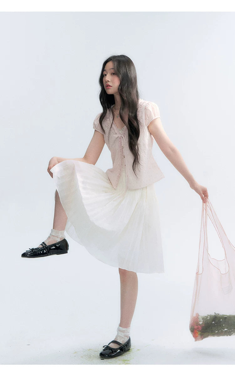 "Light Steps" Oat Apricot Pleated Lace Midi Skirt