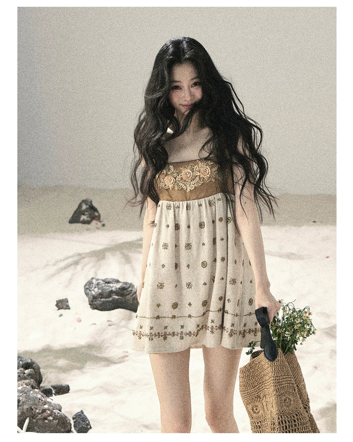 "Whispers Through the Wheat Fields" Oat Beige Floral Cami Babydoll Mini Dress