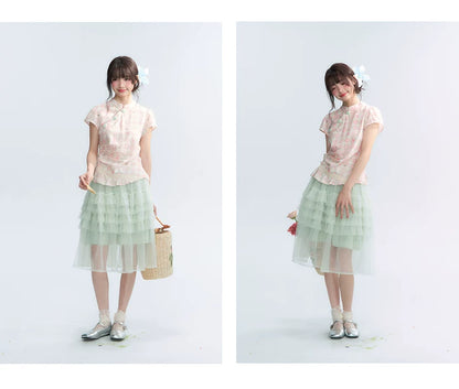 "Lime Mille-Feuille Glow" Peach Mist Chinese-Inspired Short Sleeve Top & Lime Green Tulle Tiered Skirt Set