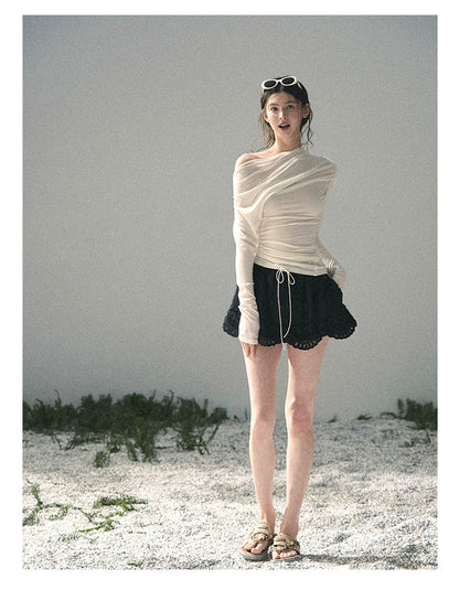 “Where Shadow Walks Beside Light” Milk Apricot Asymmetrical Top