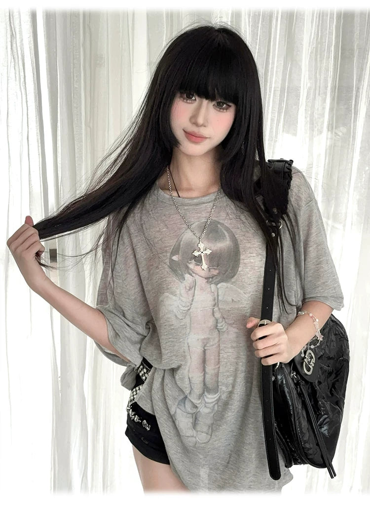 Gray & White Angel Original Licensed Two-Tone Vintage BJD Sheer Knit Cover-Up T-Shirt