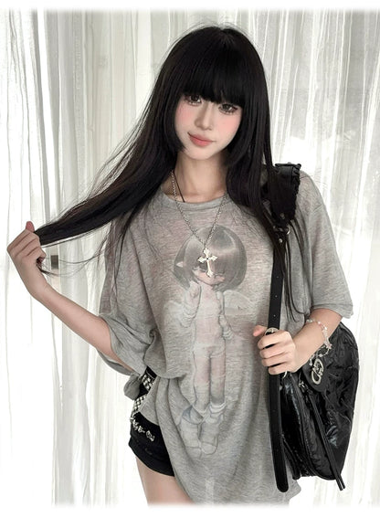 Gray & White Angel Original Licensed Two-Tone Vintage BJD Sheer Knit Cover-Up T-Shirt