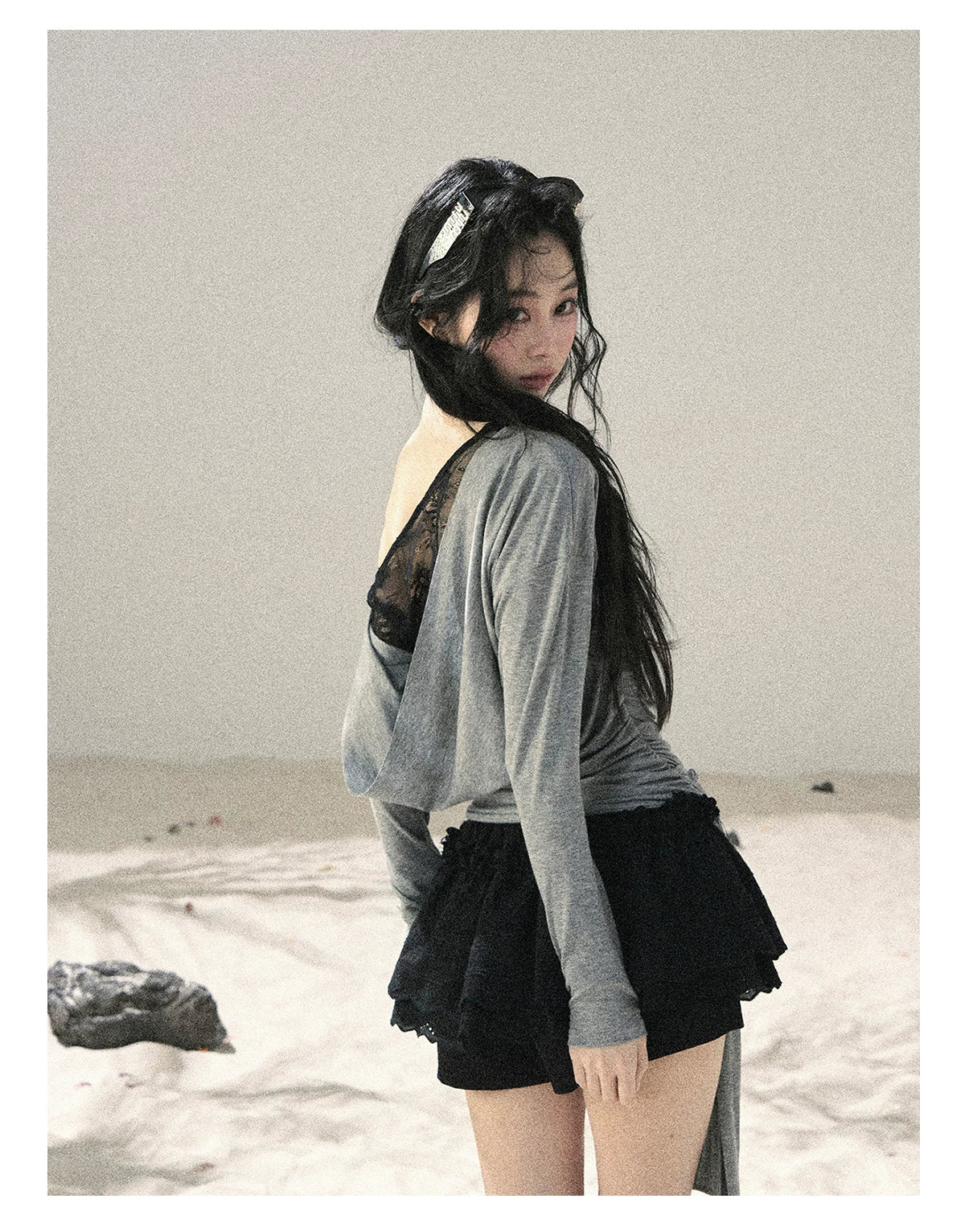 "Free Spirit" Moon Mist Gray Faux-Layer One-Shoulder Lace Top