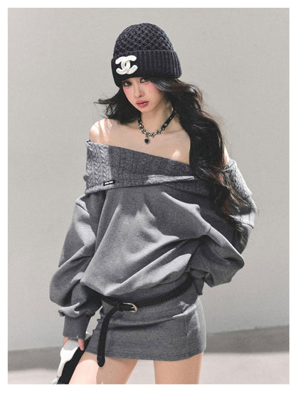 少也眼 "Silent Gravity" Off-Shoulder Oversized Sweatshirt (with Belt)