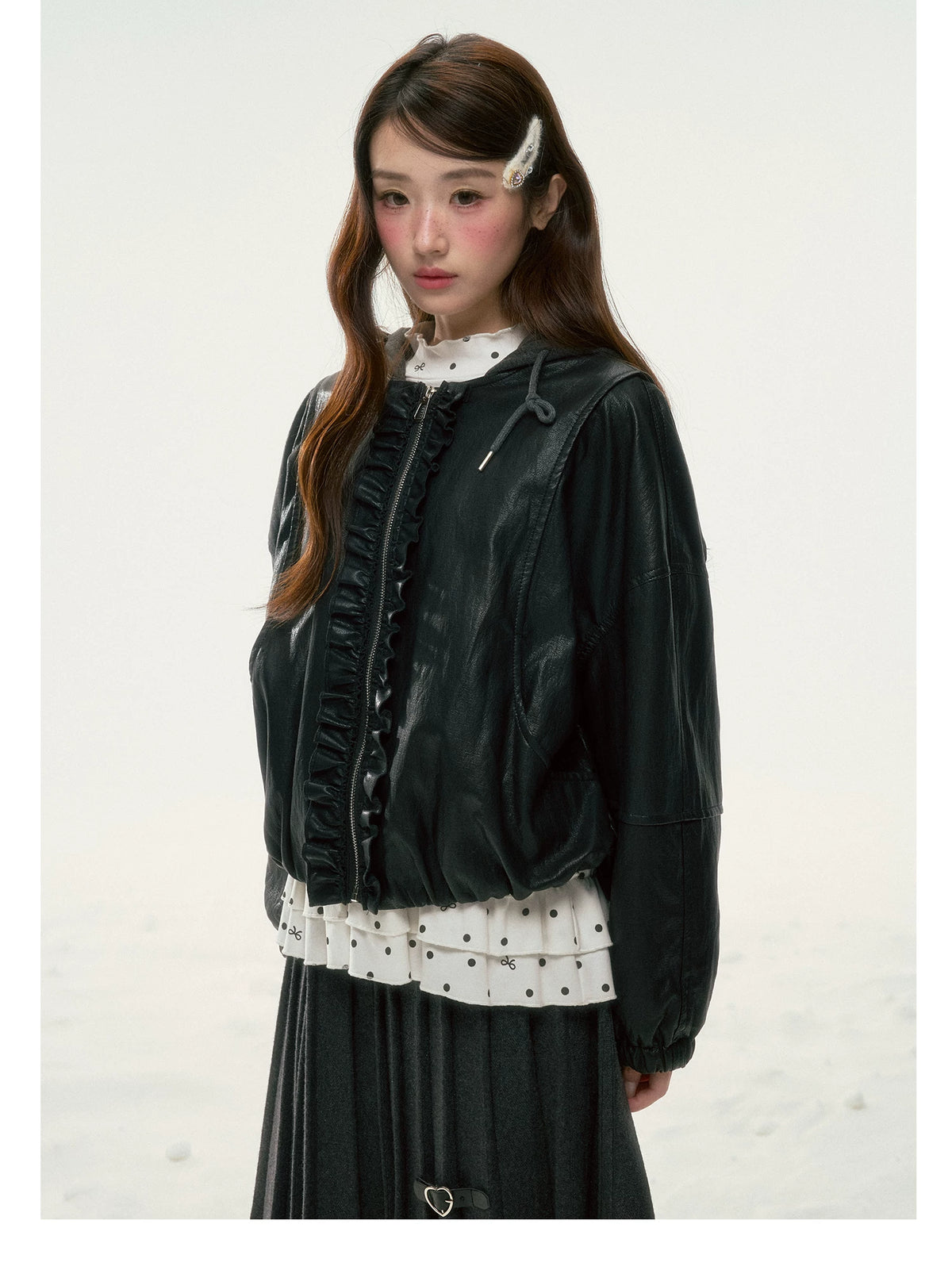 BIBIBENCY - Black Ruffle-Trim Faux Leather Jacket