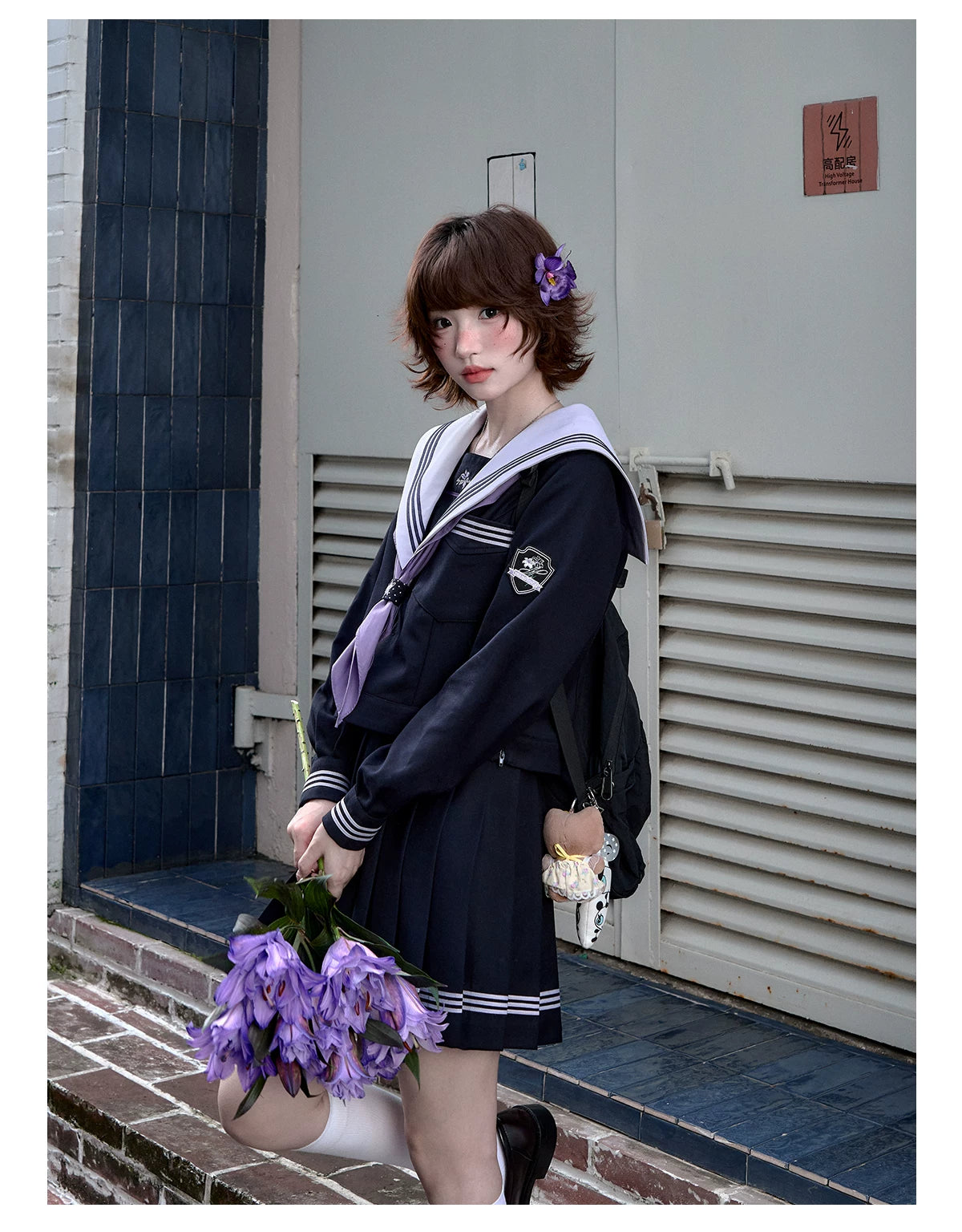 "Snow-Cleared Lily" Gray-Lilac JK Long-Sleeve Sailor Uniform Set