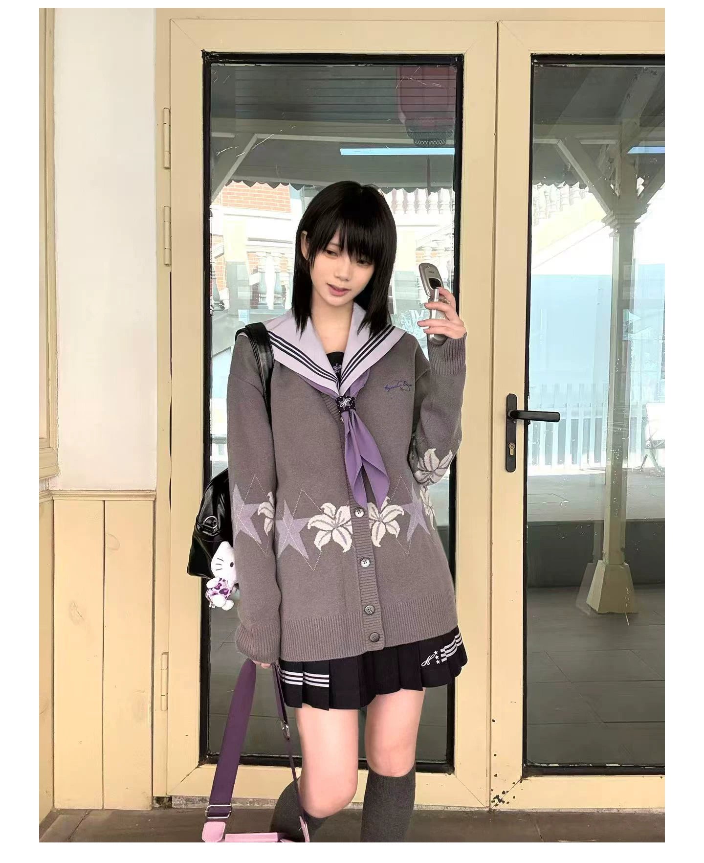 "Snow-Cleared Lily" Gray-Lilac JK Long-Sleeve Sailor Uniform Set
