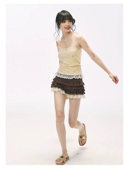 "Bear Cottage Holiday" Butter Yellow Lace Trim Bear Print Halter Knit Cami Top