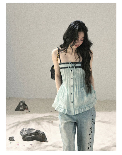 "Sea Breeze Reverie" Misty Sage Lace Off-Shoulder Ruched Top 54352131