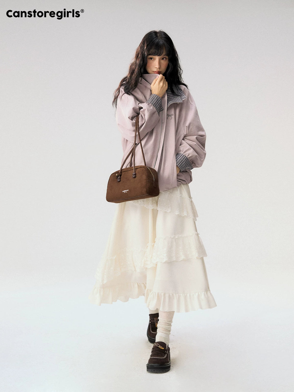 [CAN] "Soft Whisper" Ivory Embroidered Lace Layered Midi Skirt