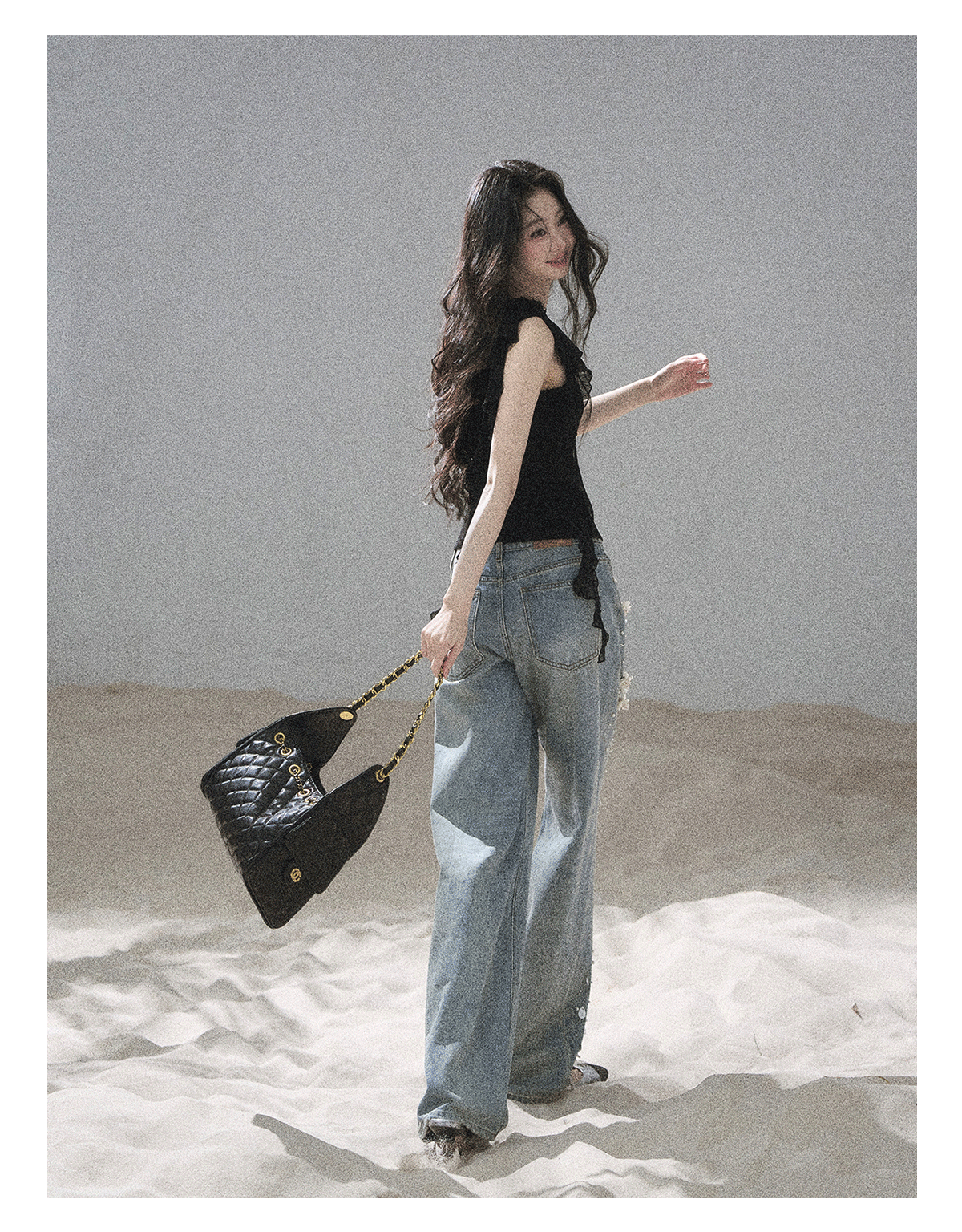 "Starlit Grace" Mist Blue Handmade Floral Wide-Leg Jeans