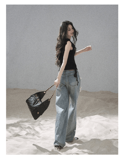 "Starlit Grace" Mist Blue Handmade Floral Wide-Leg Jeans