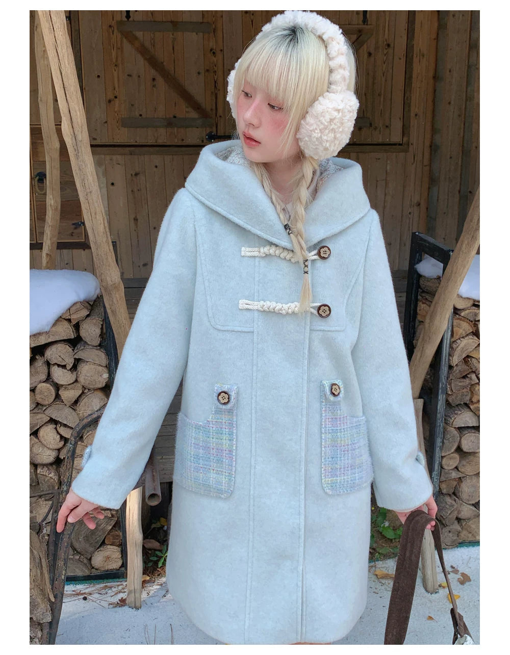 RF - Light Blue Plaid Mid-Length Wool-Blend Coat with Toggle Closures