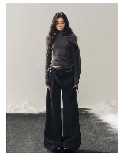 少也眼 "Essential Muse" Deep Slate Gray Cropped Long-Sleeve Knit Top