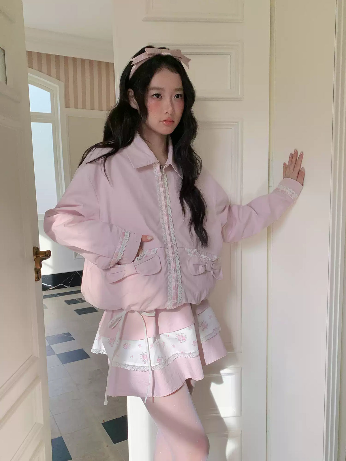 [RF] “Blush Meadow” White & Pink Floral Reversible Jacket and Mini Skirt Set