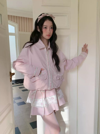 [RF] “Blush Meadow” White & Pink Floral Reversible Jacket and Mini Skirt Set