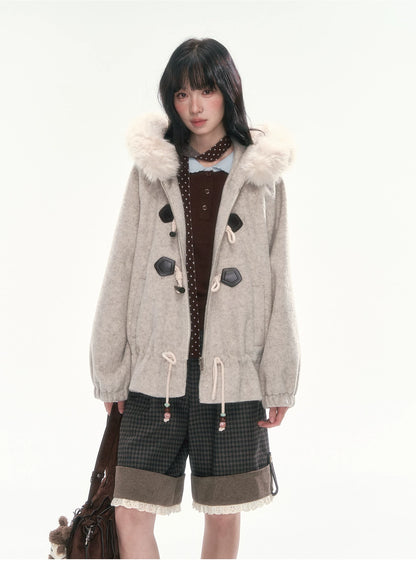 CAN - "Frosted Cloud Reverie" Beige Gray Detachable Faux-Fur Collar Wool-Blend Jacket