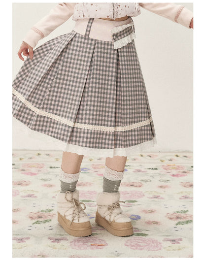 [RF] Gray & Pink Plaid A-Line Midi Skirt with Lace Trim