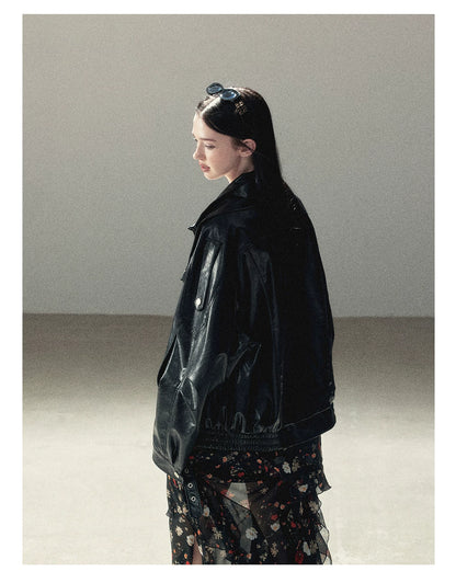 AOMALM - "Solo Journey" Quiet Black Oversized PU Moto Jacket