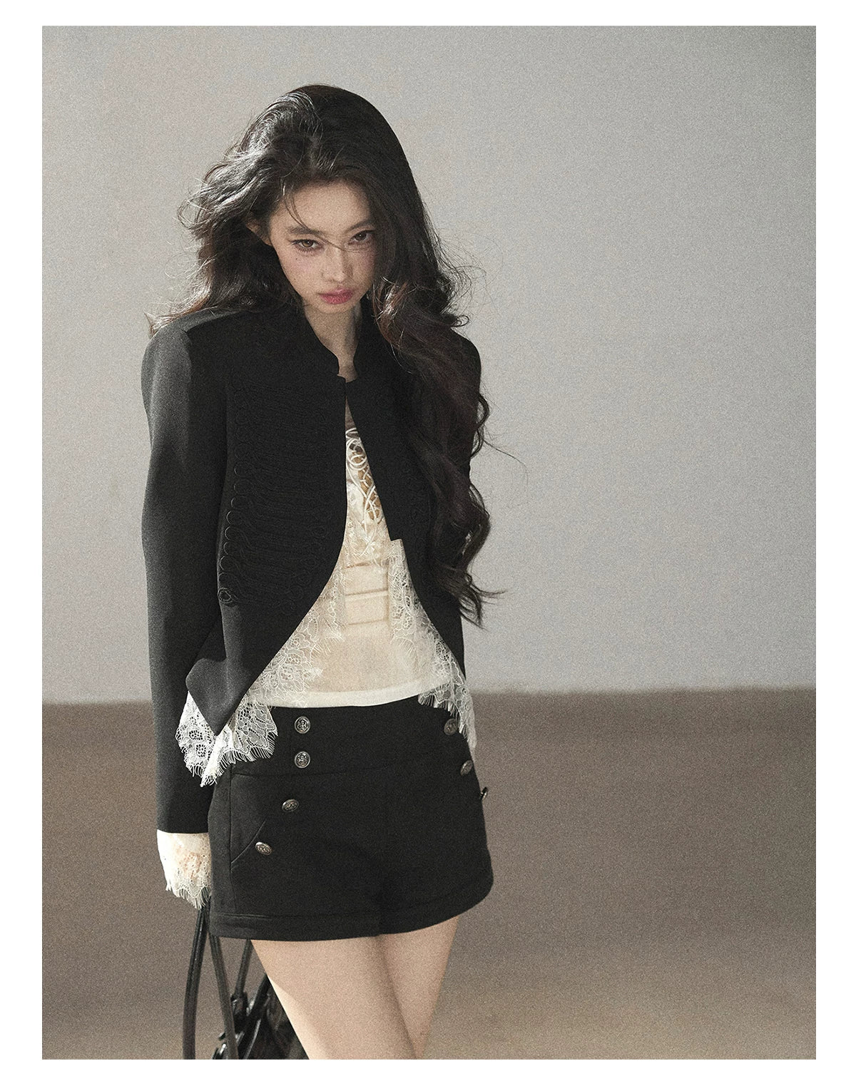 AOMALM - Black Lace Trim Cropped Jacket & Shorts Set