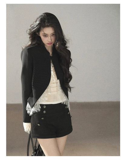AOMALM - Black Lace Trim Cropped Jacket & Shorts Set
