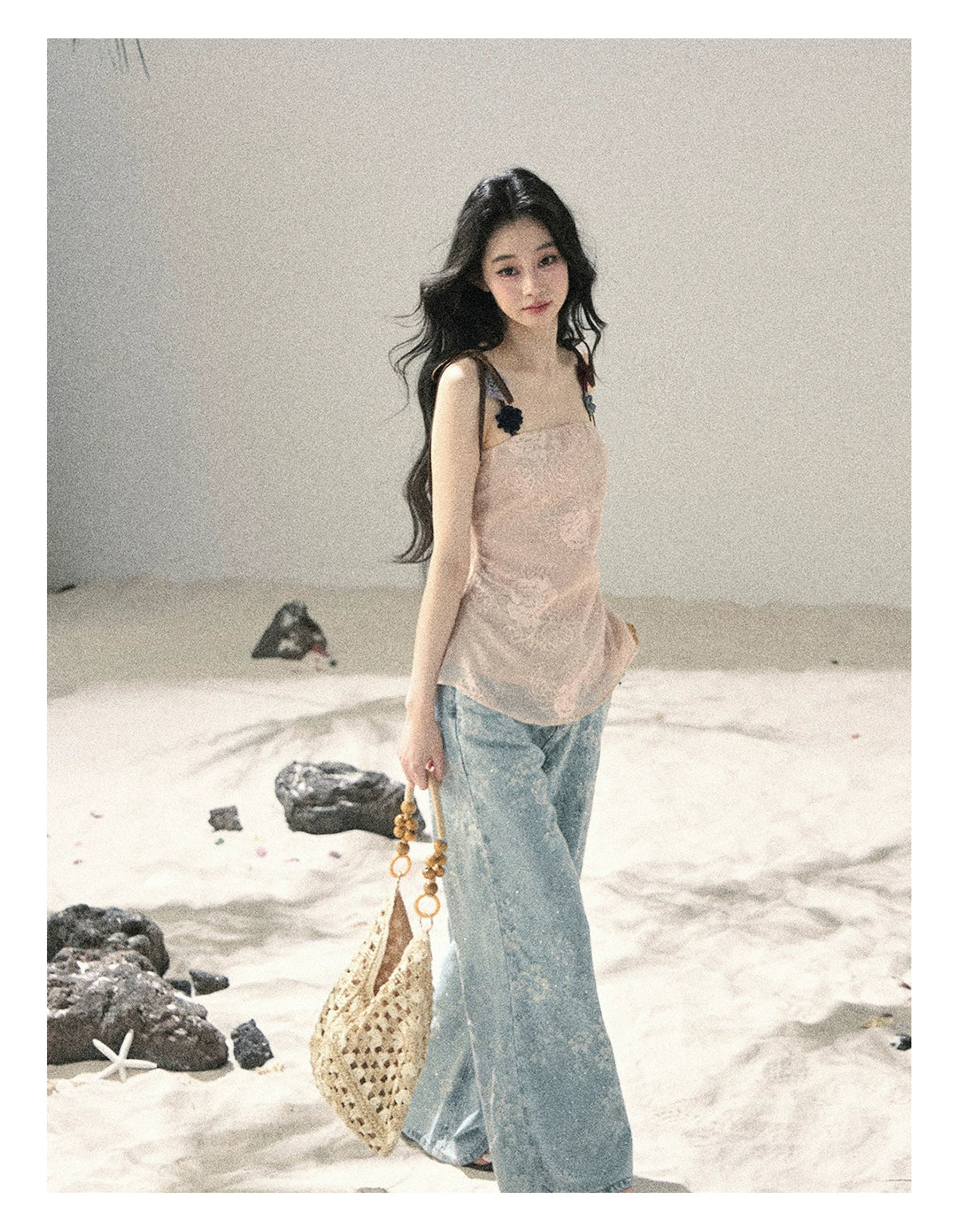 "Twinkling Starlight" Sky Blue Floral Rhinestone Wide-Leg Jeans