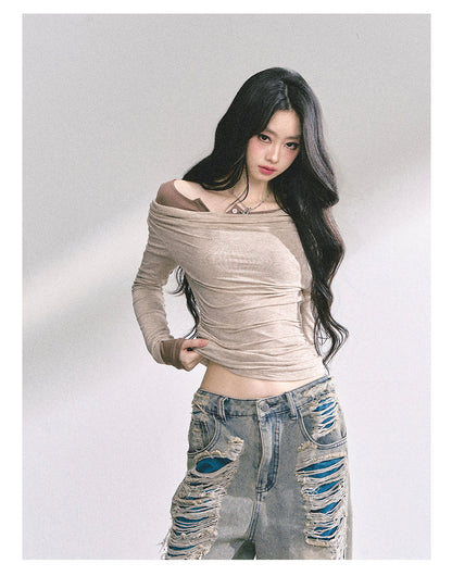 少也眼 "Seoul Toccata" Layered Off-Shoulder Long Sleeve Tee - Khaki 2536486