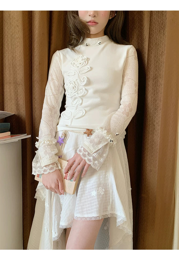 “Porcelain Bloom Reverie” White Floral Layered Top