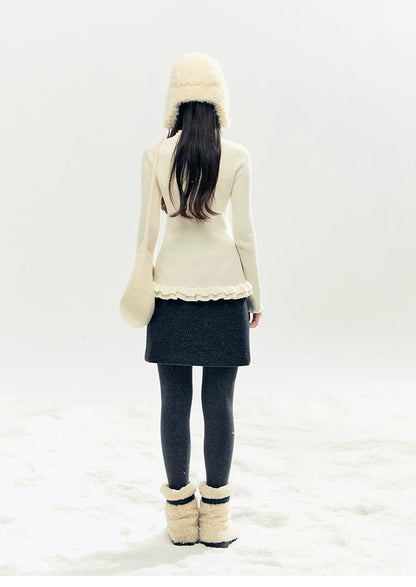 "Soft Whisper" Ruffle Mock Neck Ribbed Knit Top (Ivory/ Smoky Gray)