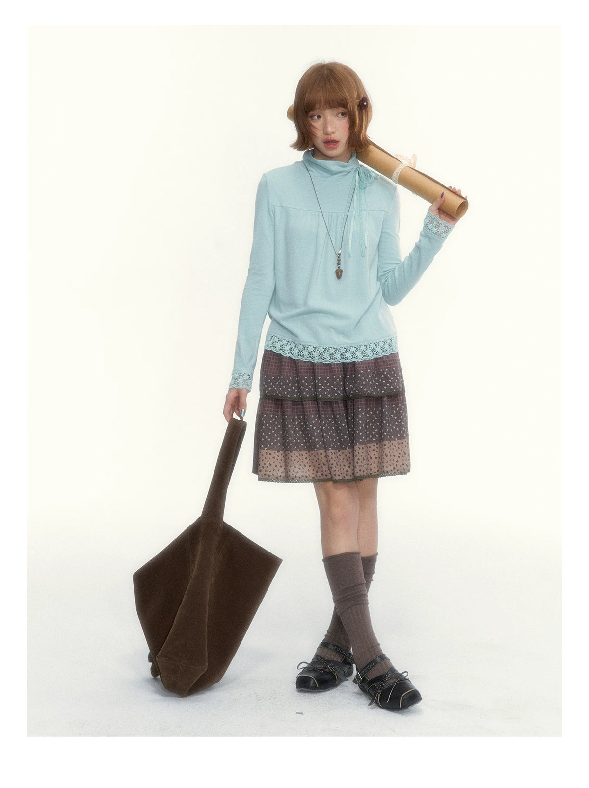 “Caramel Patchwork” Brown Patchwork Floral Plaid Lace A-Line Tiered Skirt