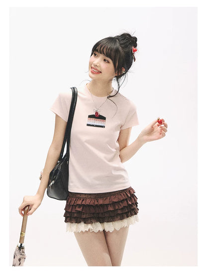 "Strawberry Shortcake Mood" Peach Pink Patchwork Cake Graphic Cotton Tee