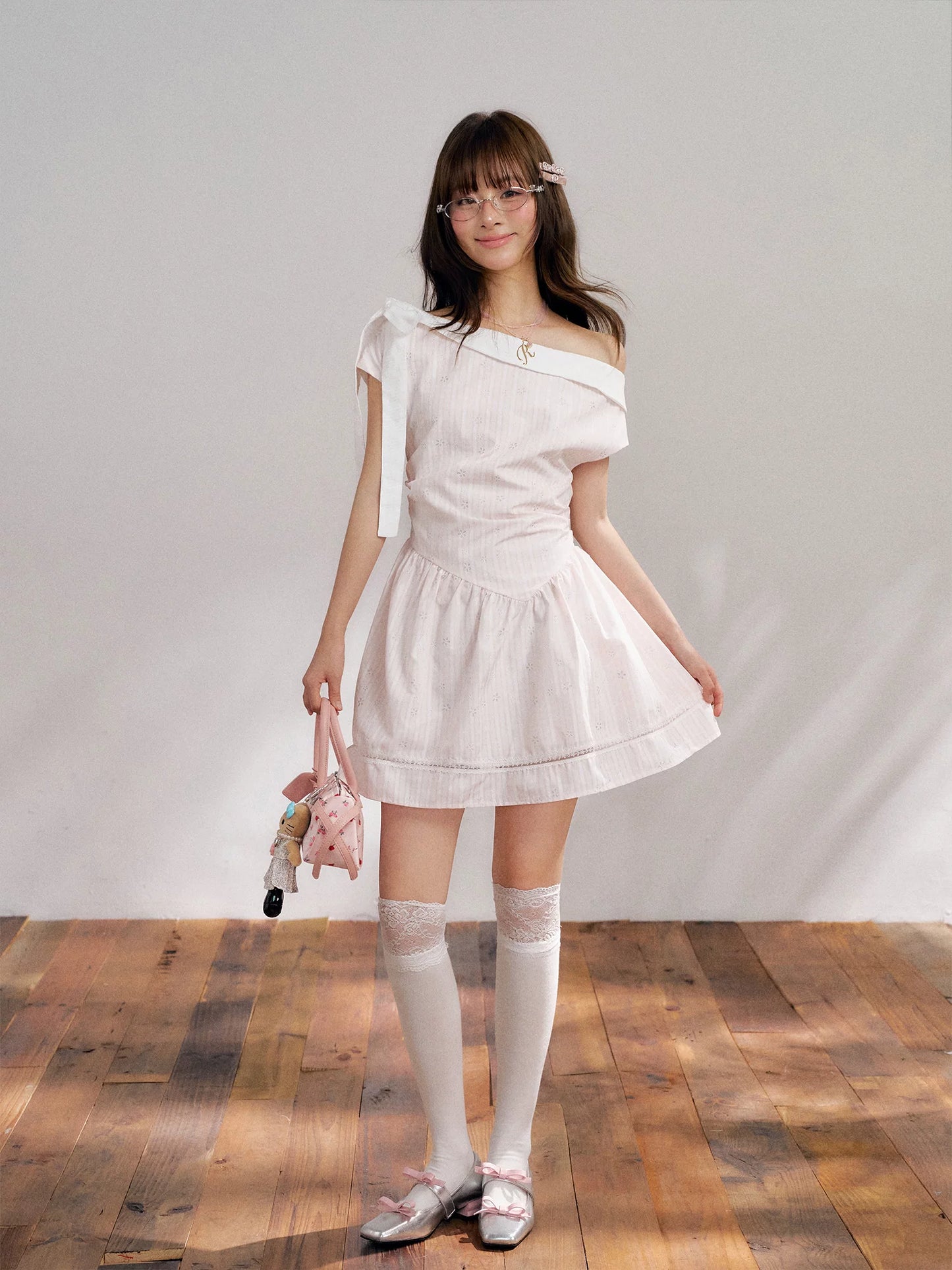 “Cloud Ballet Reverie” Blush Pink Off-Shoulder Dress