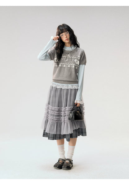 [CAN] "Little Lamb Adventure" Gray Jacquard Bow-Detail Short Sleeve Knit Top