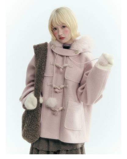 Horridale - Preppy Hooded Wool-Blend Duffle Coat with Pom-Pom Details – Mist Pink
