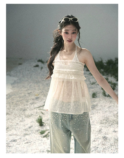 “Shattered Glasslight Veil” Cream Lace Halter Twinset Top