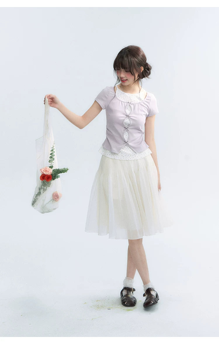 Korean Layered Bow Knit Short Sleeve T-Shirt in Violet