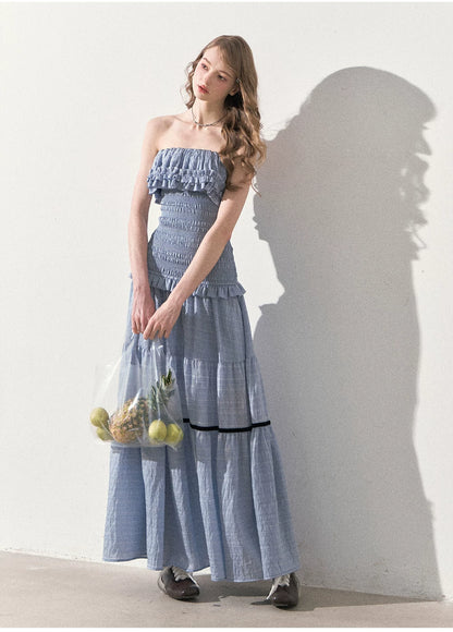 "Twilight Verses" Misty Blue Smocked Ruffle Maxi Dress